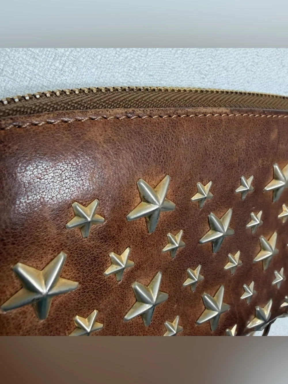 Jimmy Choo Brown Leather Star Stud Zip Around Wallet Italy